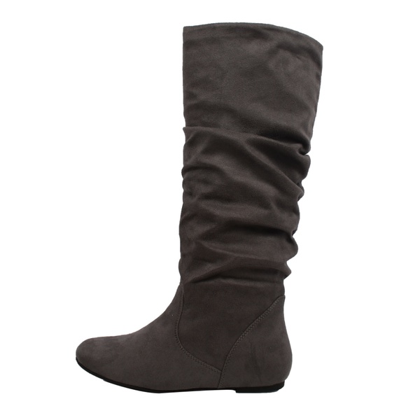 Grey Faux Suede Slouchy Knee High Flat Boot - Picture 2 of 7